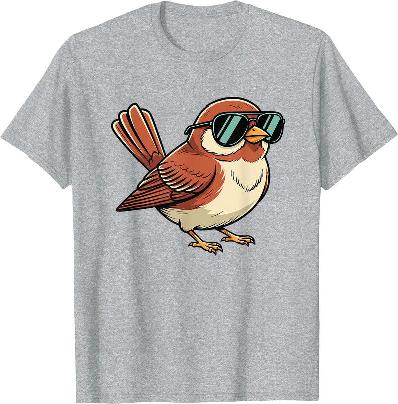 Chipper Feather Co Bird: Sparrow in Sunglasses, Cool Cartoon Avian Attitude T-Shirt - Heather Grey