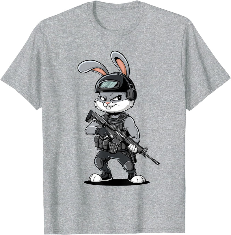 Armed Bunny Easter Military Rabbit Graphic for Men T-Shirt in Heather Grey