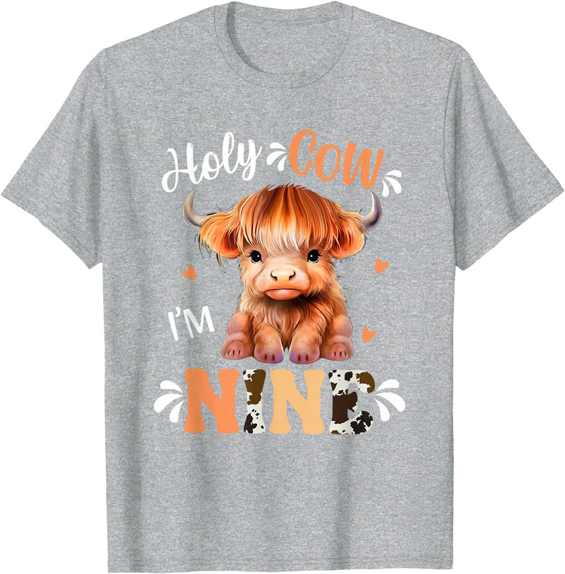 Highland Cow Print 9 Year Old Birthday Gift Holy Cow Im Nine Scottish Highland Cow Print 9th Birthday T-Shirt - Heather Grey