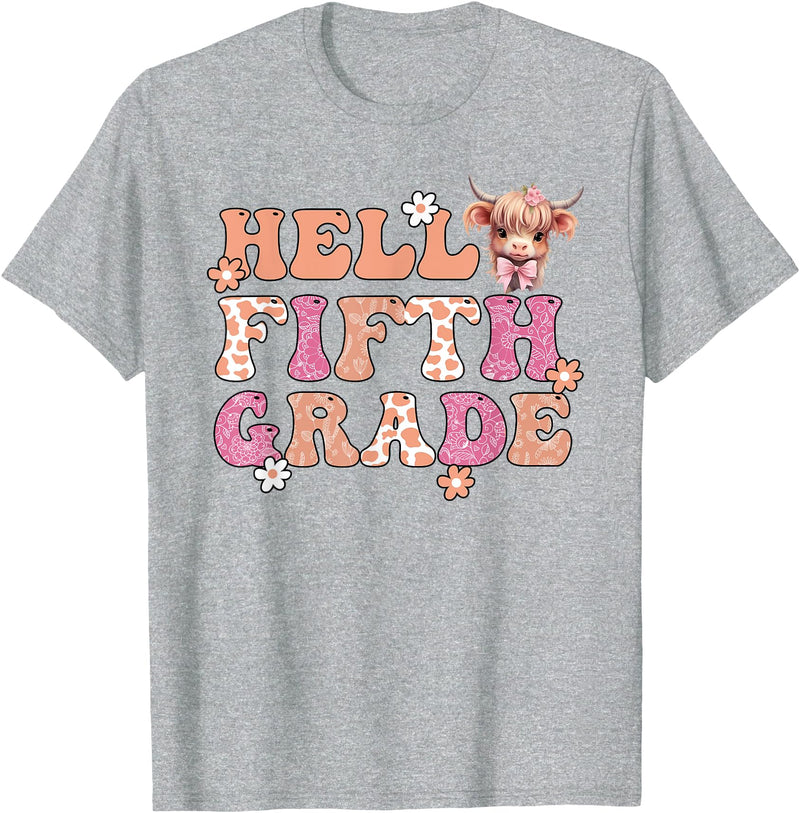 Highland Cow Print First Day of Fifth Grade Tees Hello Fifth Grade Highland Cow Back To School 5th Grade T-Shirt - Heather
