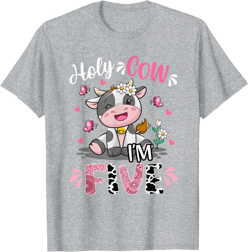 Cow Themed Birthday Party Supplies For Girl 5th Holy Cow I'm Five 5 Years Old 5th Birthday Girl Outfit T-Shirt - Heather Grey