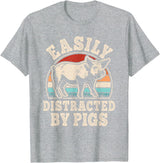 BALARI Easily Distracted by Pigs Funny Retro Pig Farmer Men Women T-Shirt - Heather Grey