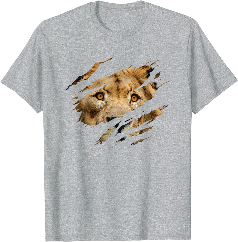Lion Graphic - Wild Animal Lover Design Lion Outfit - Torn Design Picture Of A Lion's Face T-Shirt - Heather Grey