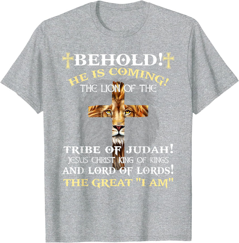 Behold He Is Coming The Lion Of The Tribe Of Judah T-Shirt - Heather Grey