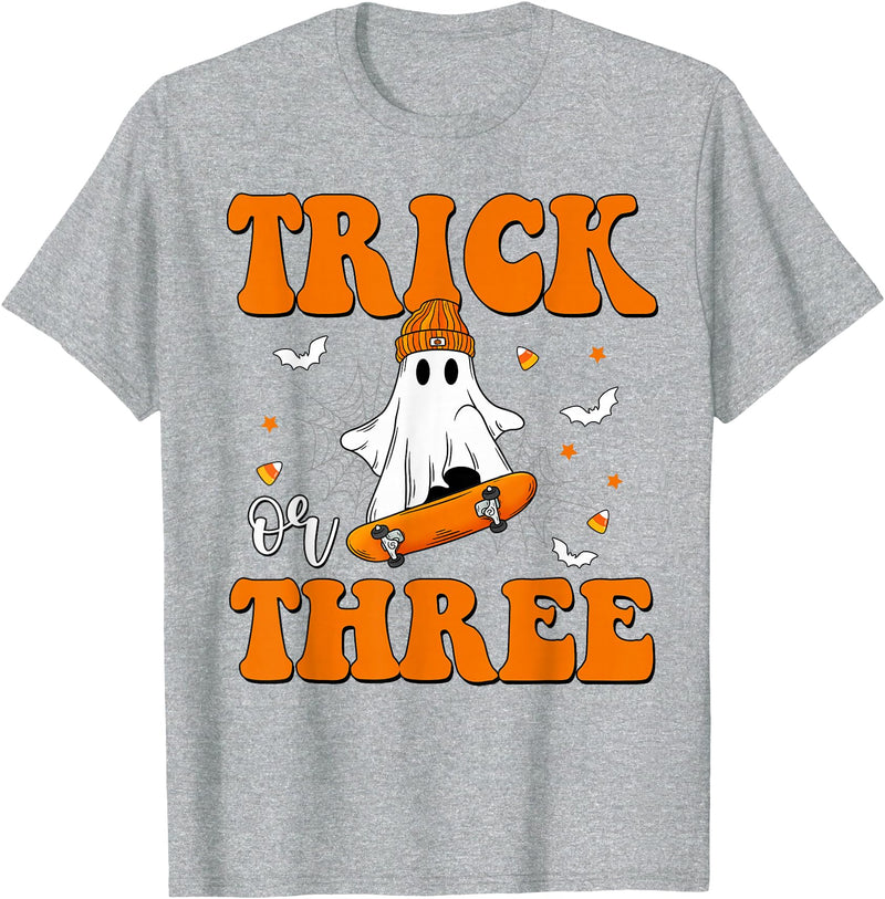 3 Year Old Boy Birthday Gift For Spooky Boys Kids Trick or Three 3rd Halloween Birthday Ghost Skateboarding T-Shirt -
