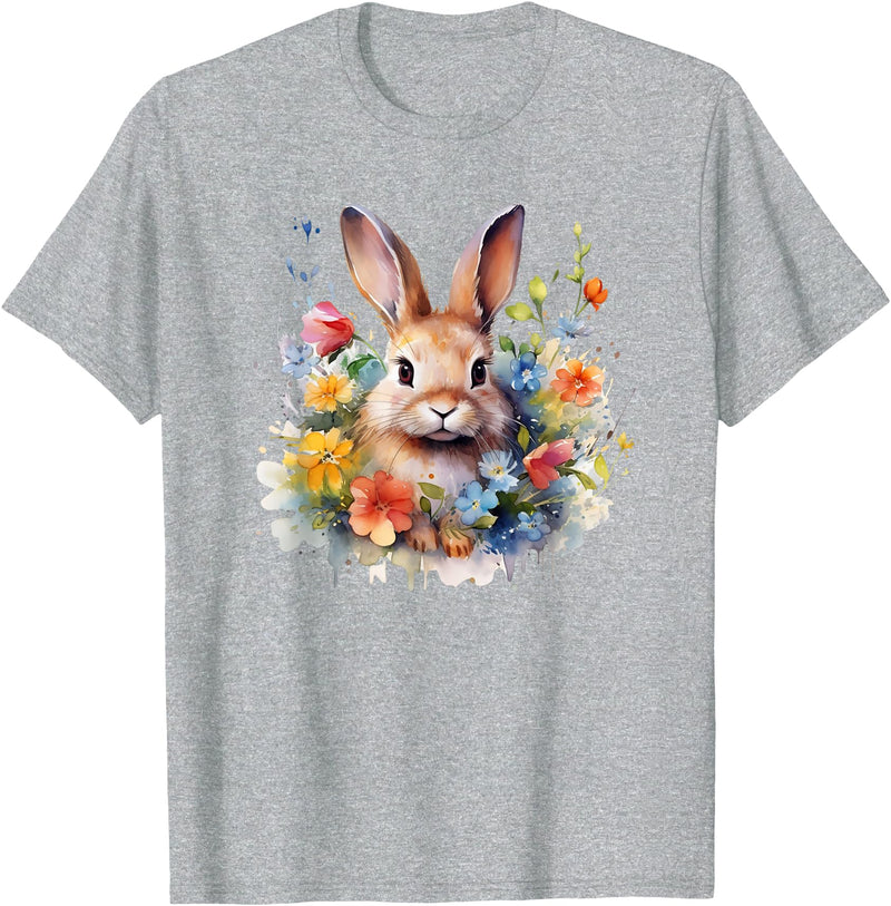 Bunny Rabbit Face Floral Watercolor Painting Love Bunnies T-Shirt in Heather Grey