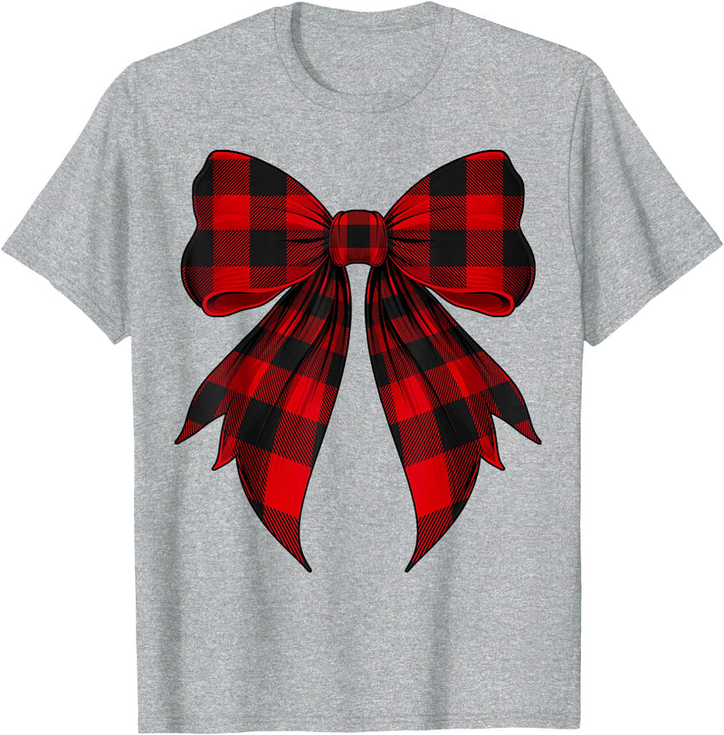 Buffalo Tartan Coquette Aesthetic Women Gifts Coquette Bow Red Black Buffalo Tartan Checkered Plaid T-Shirt - Heather Grey