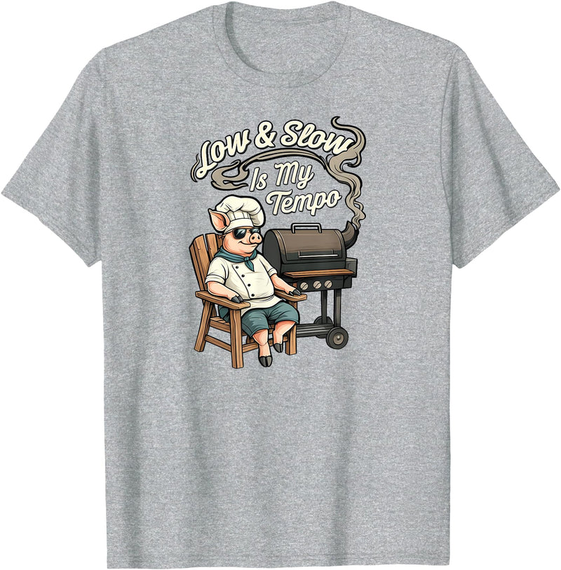 Pitmaster Pig Apparel Low & Slow Is My Tempo Pig BBQ Smoker T-Shirt - Heather Grey