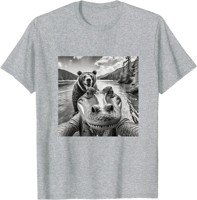 A1a Life Funny Graphic Tee Alligator Selfie with Bear in Woods Weird T-Shirt - Heather Grey