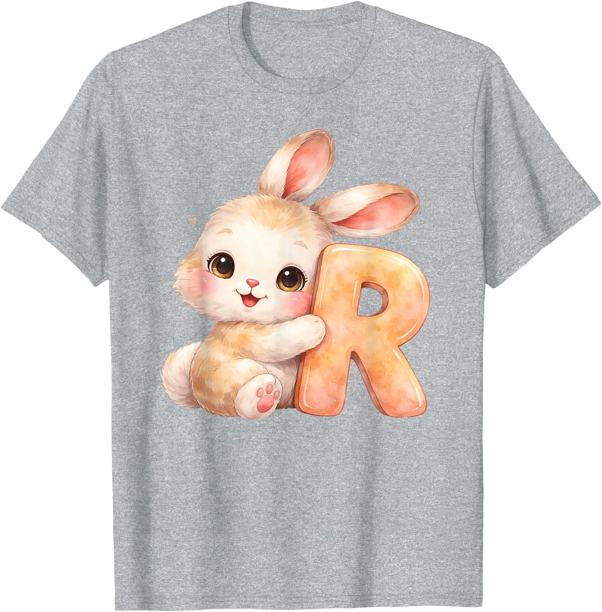 Letter R Rabbit Watercolor Cute Baby Animal Alphabet Initial T-Shirt in Heather Grey
