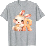 Letter R Rabbit Watercolor Cute Baby Animal Alphabet Initial T-Shirt in Heather Grey