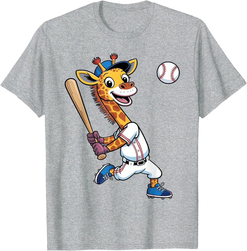 Giraffe Baseball Lover Giraffe Playing Baseball Boys Girls Kids Giraffe Animal T-Shirt - Heather Grey