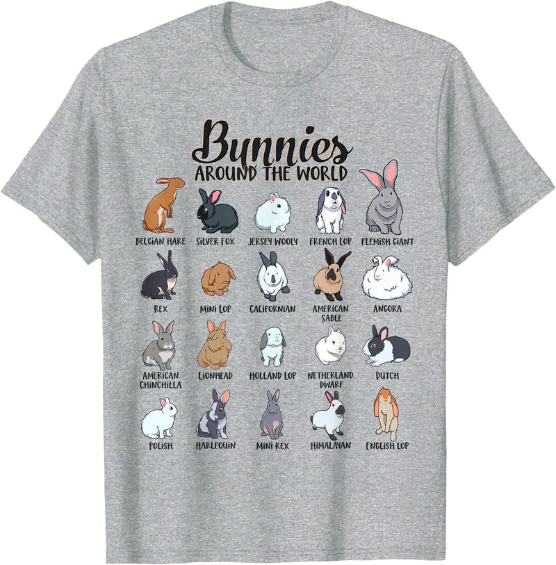 Rabbits in the World - Rabbit Breeds T-Shirt in Heather Grey