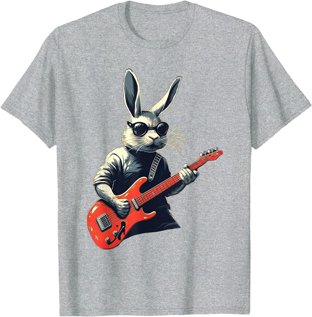 Rabbit Bunny Wearing Sunglasses Playing Guitar Musician T-Shirt in Heather Grey