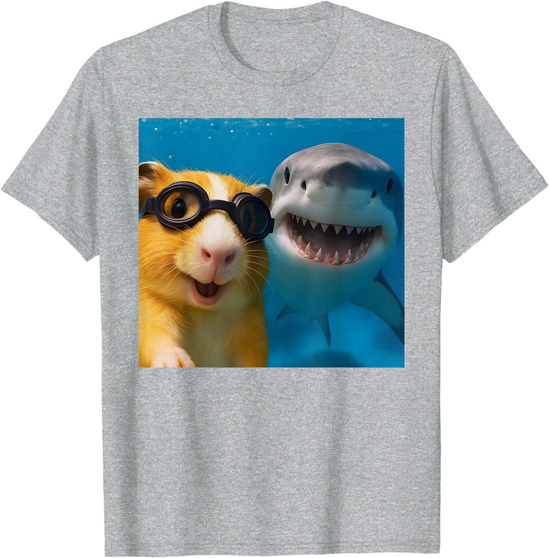 Selfie Guinea Pig and Shark Summer Scuba Diving Funny Guinea Pig Selfie with Shark Ocean Lovers T-Shirt - Heather Grey