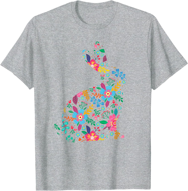 Floral Easter Women Girls Easter Bunny Spring Flowers Rabbit T-Shirt in Heather Grey