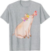 Watercolor Pink Pig With Floral And Butterfly Farm Design T-Shirt - Heather Grey