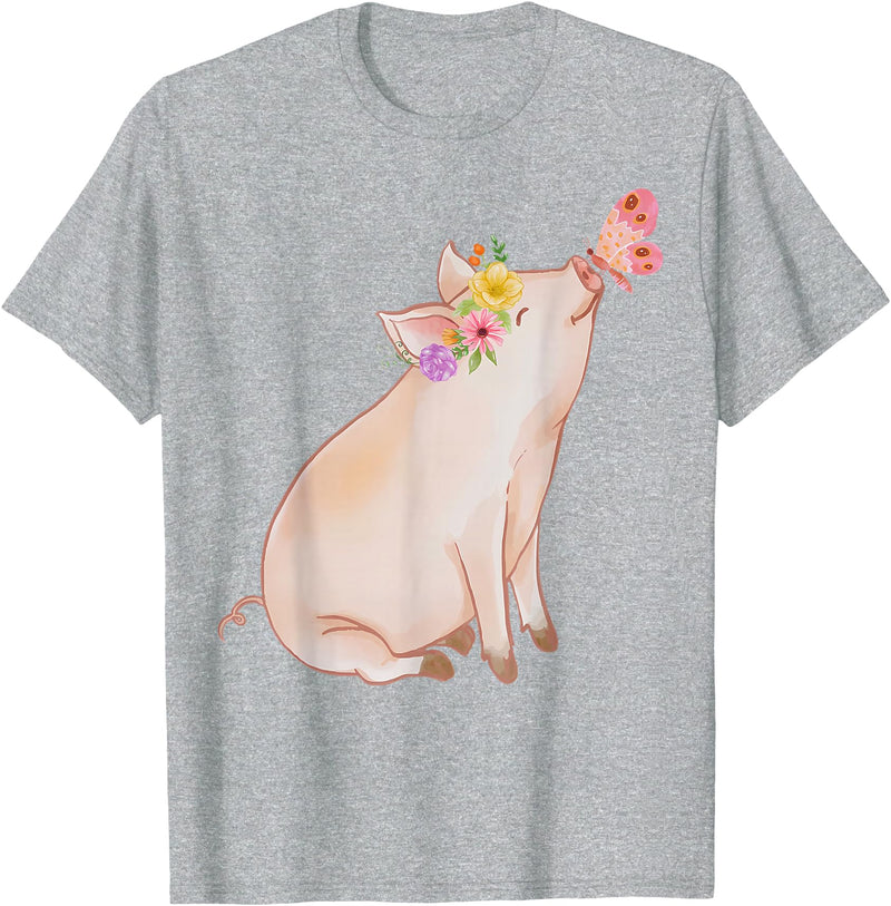 Watercolor Pink Pig With Floral And Butterfly Farm Design T-Shirt - Heather Grey