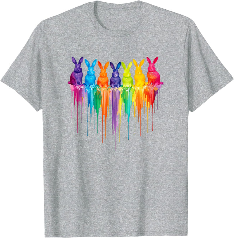 Vibrant Rainbow Bunnies Dripping Colors Easter T-Shirt in Heather Grey