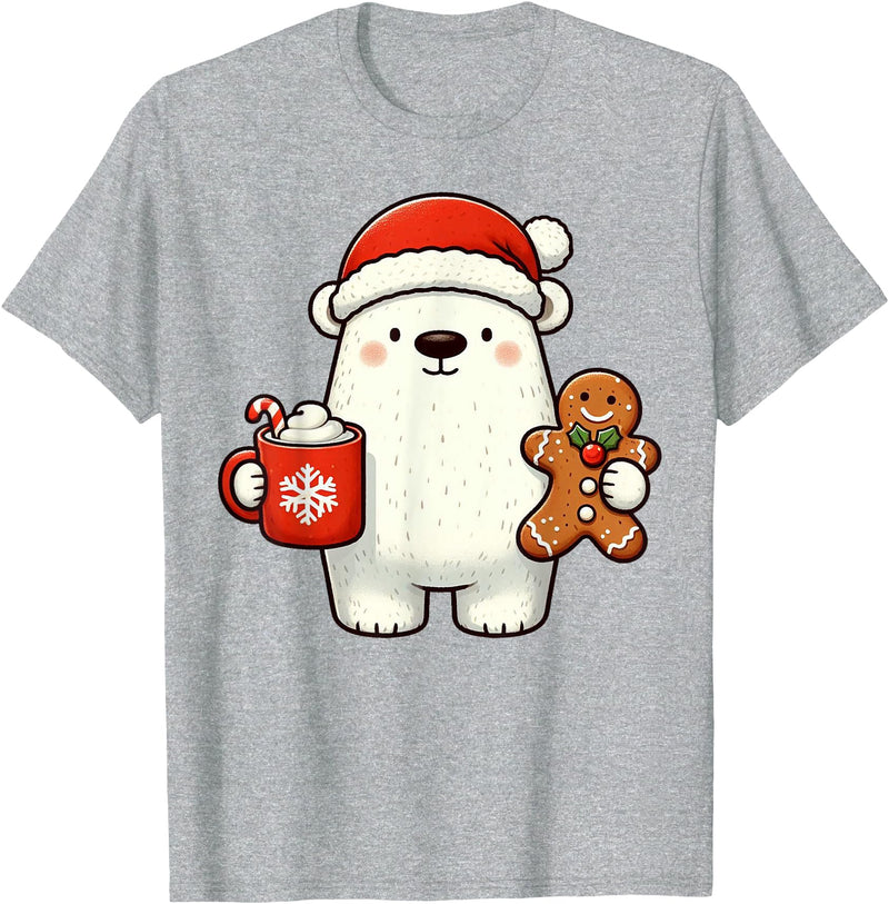Cute Polar Bear Beanie Christmas Kawaii Japanese Polar Bear Santa Hat Christmas Holiday Xmas Coffee Cookies T-Shirt - Heather Grey