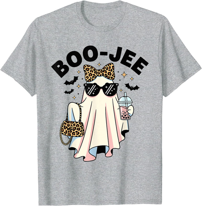Boo-Jee Ghost Halloween Tees for Women Women Girls BOU-JEE Ghost Boba Leopard Sassy Halloween T-Shirt - Heather Grey