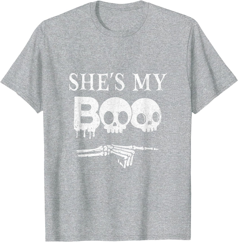 Halloween Costume She's My Boo Skull Face Matching Halloween Couples Funny T-Shirt - Heather Grey