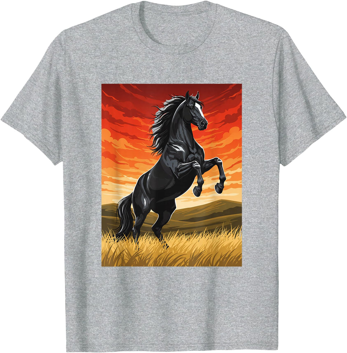 Horse Ranch Cowboy Western Equine Stallion Wy Black Horse Rearing Sunset Ranch Horse Art Print Wy T-Shirt - Heather Grey