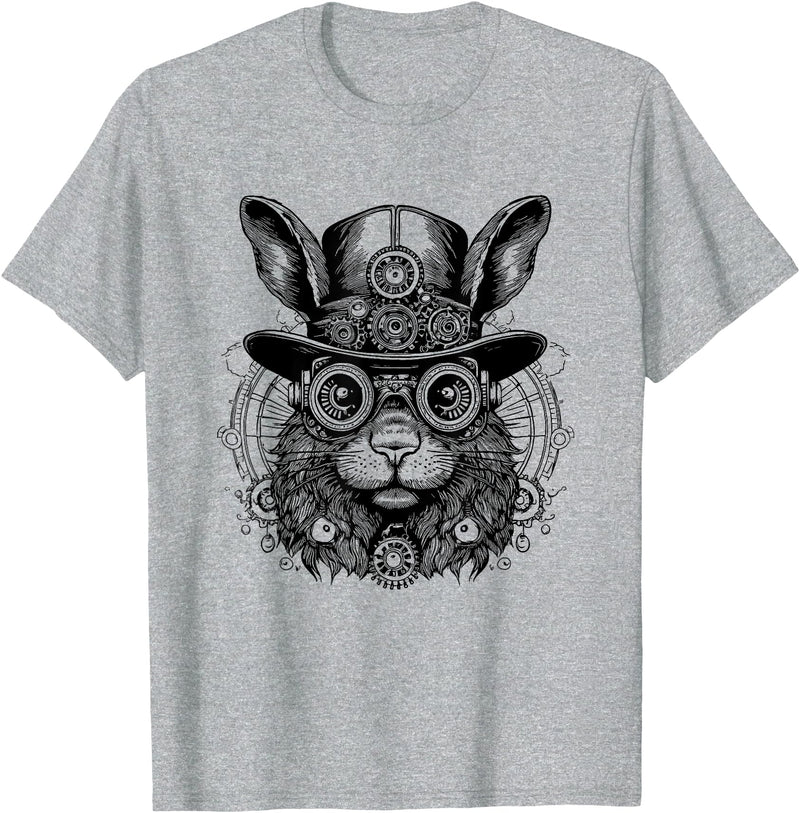 Fantasy Steampunk Rabbit Lover, Whimsical Bunny Animal T-Shirt in Heather Grey