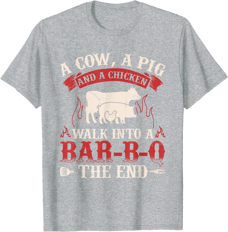 Funny Barbecue Lover Gifts & BBQ Fan Outfits Funny Barbecue Cow Pig Chicken Graphic Meat Smoking BBQ T-Shirt - Heather Grey