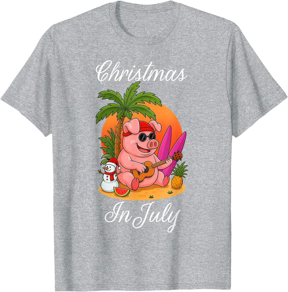 Cute Funny Pig Christmas Xmas Summer Vacation Gift Christmas In July Cute Pig Funny Summer Vacation Beach Vibes T-Shirt - Heather Grey