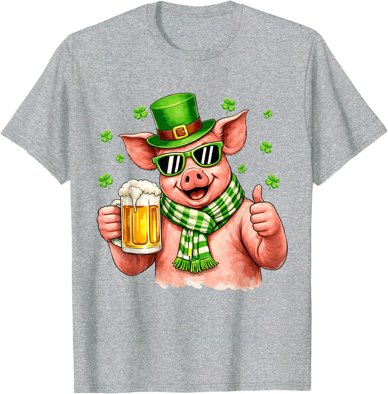Amt Pig & Drinking Beer Lovers Saint Patrick's Day Funny Pig Drinking Beer Leprechaun Shamrocks St Patricks Day T-Shirt - Heather Grey