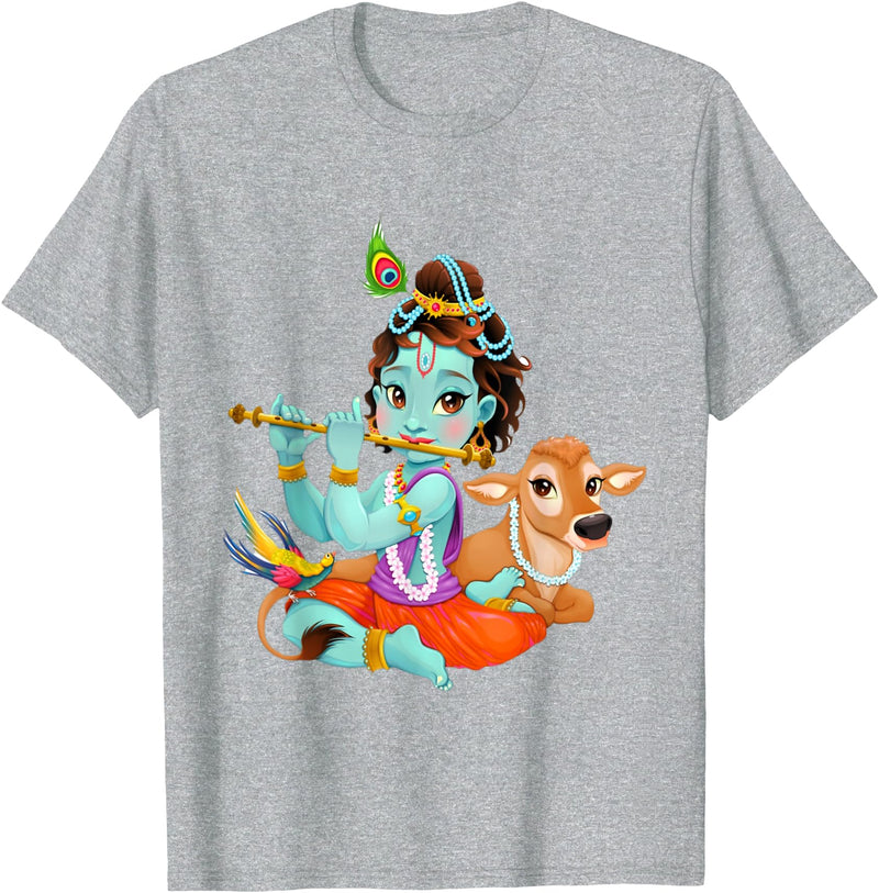 Clever Witty Designs Hindu god Lord Shri Krishna with a Cow and a Bird T-Shirt - Heather Grey