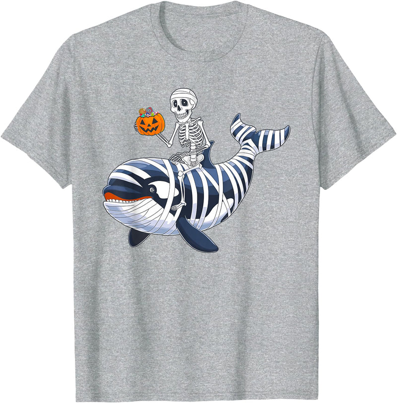 Orca Skeleton Halloween Whale Apparel Co. Skeleton Riding Mummy Orca Halloween Candy Whale T-Shirt - Heather Grey