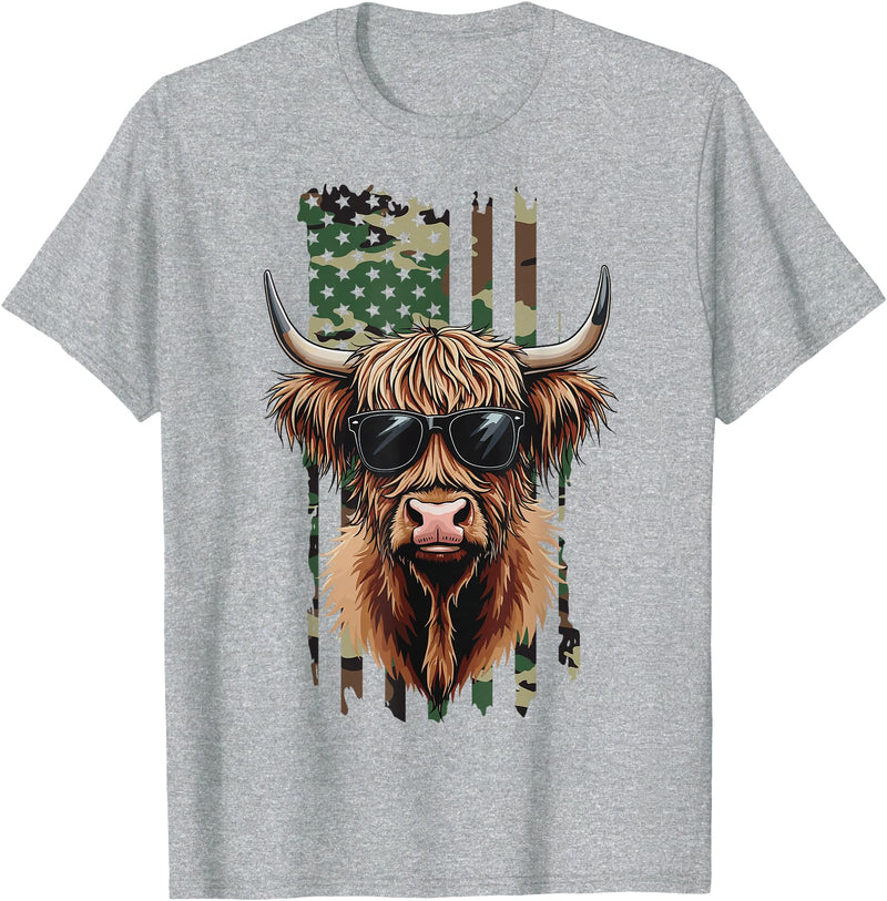 Highland Cow by AKH Highland Cow Camo American Flag, Patriotic Highland Cow T-Shirt - Heather Grey