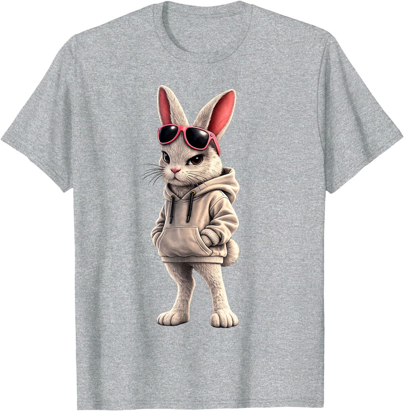 Cool Rabbit Wearing and Sunglasses Funny Rabbit Hoodie in Heather Grey