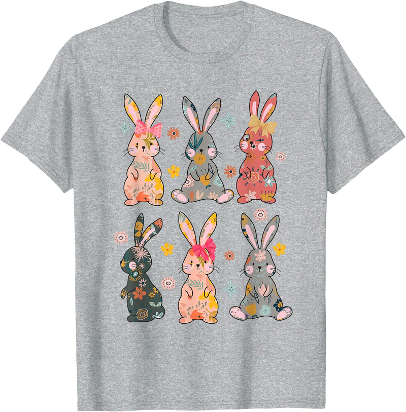 Vintage Retro Bunny Floral Flower Rabbit Easter Day Womens T-Shirt in Heather Grey