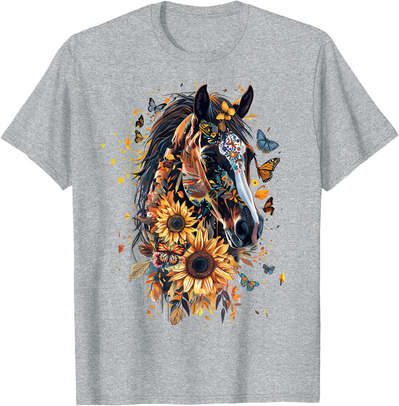 Just a girl who loves horses Co. Sunflower American Paint Horse Lover CowGirl Horse Portrait T-Shirt - Heather Grey