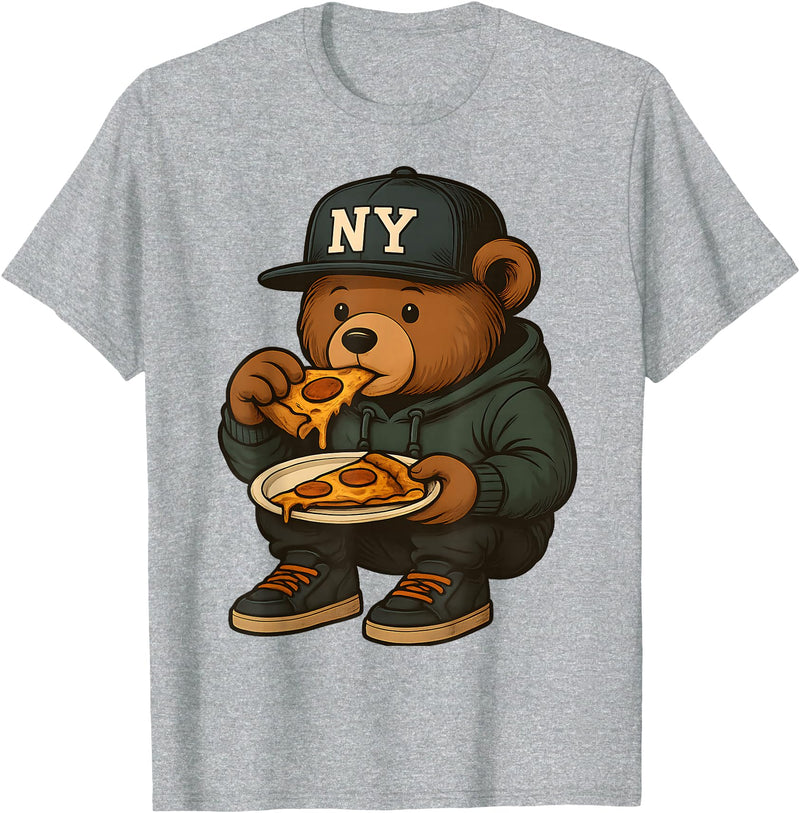 Street Food Streetwear & Hip Hop Style Designs Hip Hop Teddy Bear Eating New York Style Pizza Teenager Men T-Shirt - Heather Grey