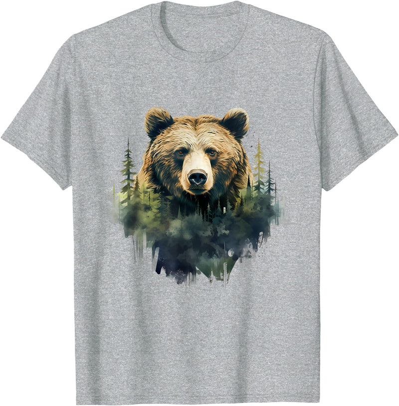 Bear Forest Animal Art Portrait Forest Artwork Wildlife T-Shirt - Heather Grey