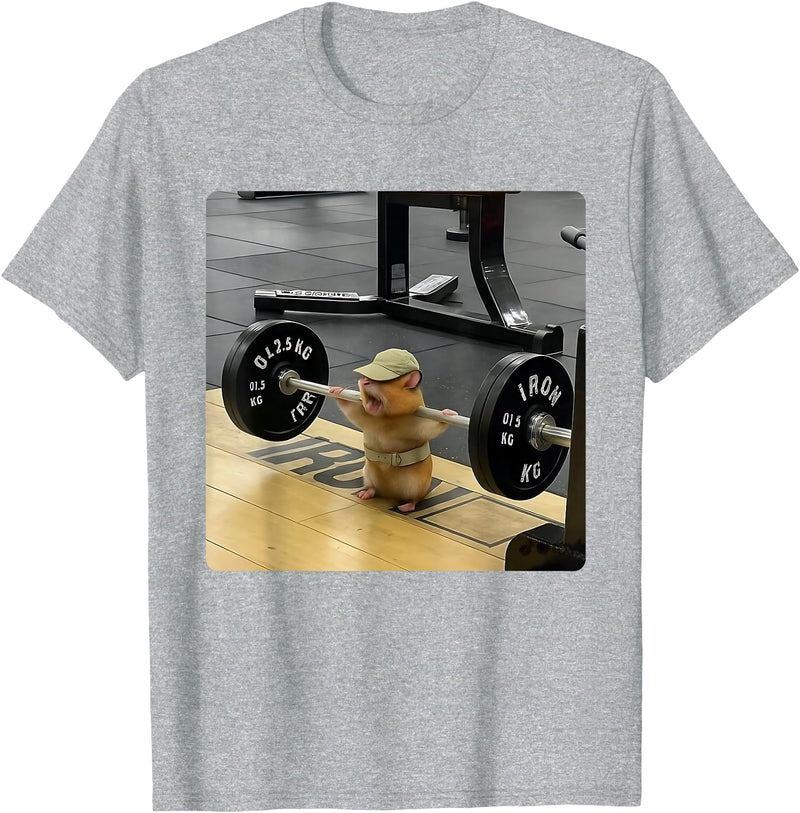 Hamster Deadlift Training Funny Cute Rat Weightlifting Meme T-Shirt - Heather Grey