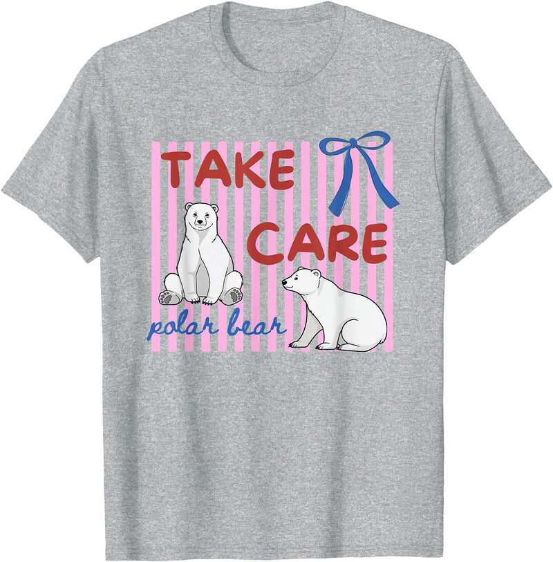 Last day of School Teacher Team Tee Pink Striped Take Care Polar Bear End of Year Teacher Team T-Shirt - Heather Grey