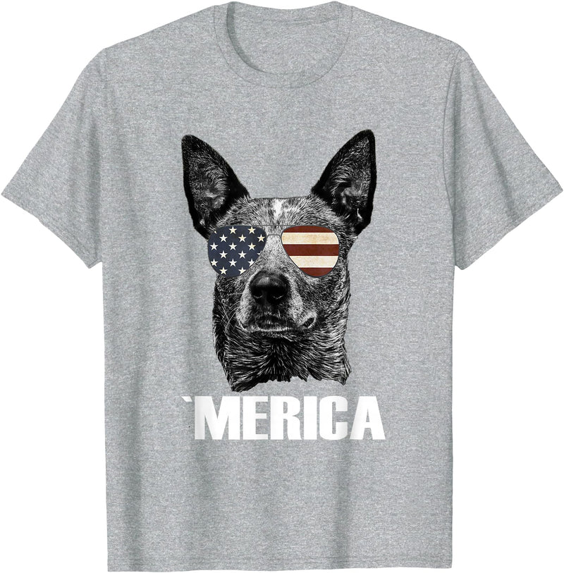 Australian Cattle Dog Patriotic Tee Gifts Merica Australian Cattle Dog with USA Flag Sunglasses Gift T-Shirt - Heather Grey