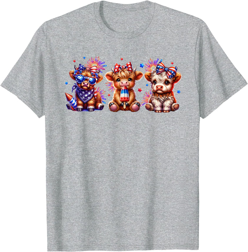 July 4th Highland Cow Farm Lovers American Costume Highland Cow Cattle Animal Lover Patriotic 4th of July T-Shirt - Heather