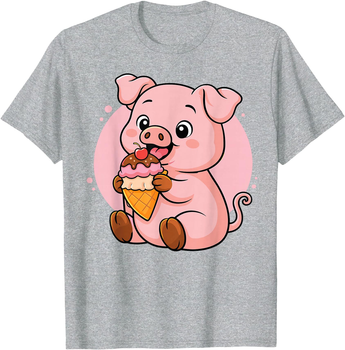 Funny Cute Pig Ice Cream Kawaii Design Pig Eating Ice Cream Graphic Boys Girls Pig Lover T-Shirt - Heather Grey