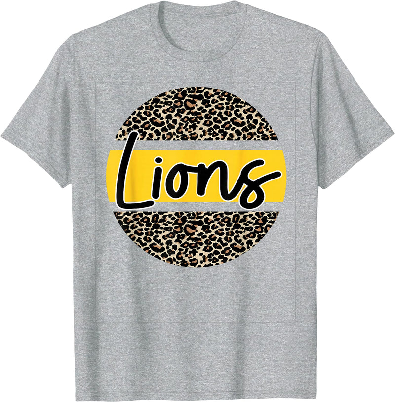 Lions School Spirit Leopard Print Yellow T-Shirt - Heather Grey