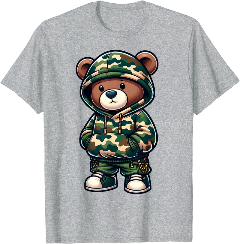 Camo Teddy Bear Hip Hop Designs for Men & Boys Camo Hip Hop Teddy Bear Camouflage Gangsta Streetwear Hustle T-Shirt - Heather Grey