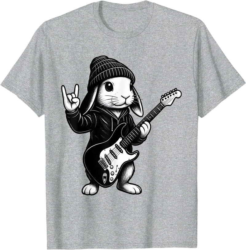 Cute Easter Bunny Rabbit Rock Guitar Music Player Animal T-Shirt in Heather Grey