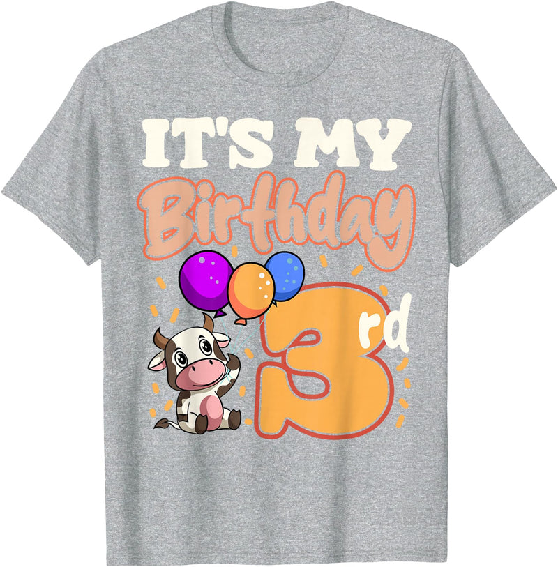 Cow Birthday 3 Party Farmyard Apparel Cow 3rd Birthday Party Balloons Moo Farm Animal Vet Barn T-Shirt - Heather Grey