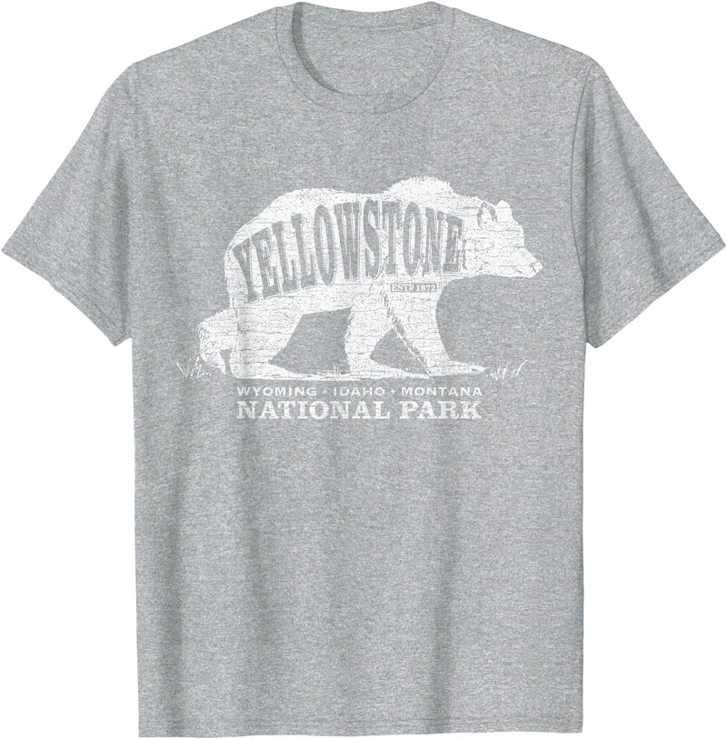 Vintage Yellowstone Retro Tees Tanks Tops Grizzly Bear Yellowstone National Park Est. 1872 T-Shirt - Heather Grey