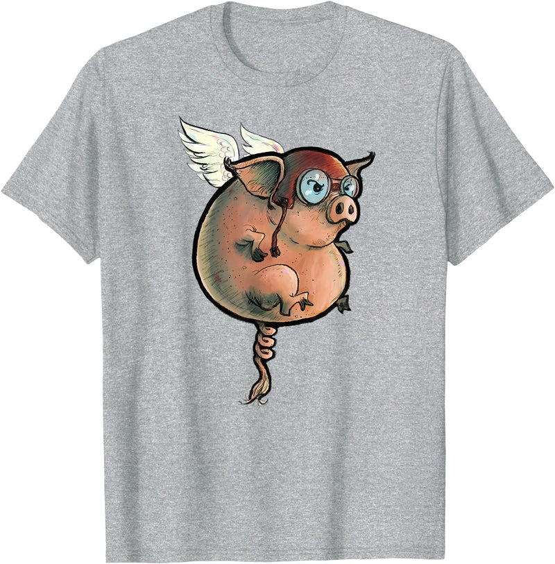 Logic Streetwear Flying Pig Funny Hand Drawn and Painted Art T-Shirt - Heather Grey